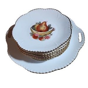 7 PIECE Epiag Royal Czechoslovakia Salad Plate Fruit Leaves Gold Scalloped Rim